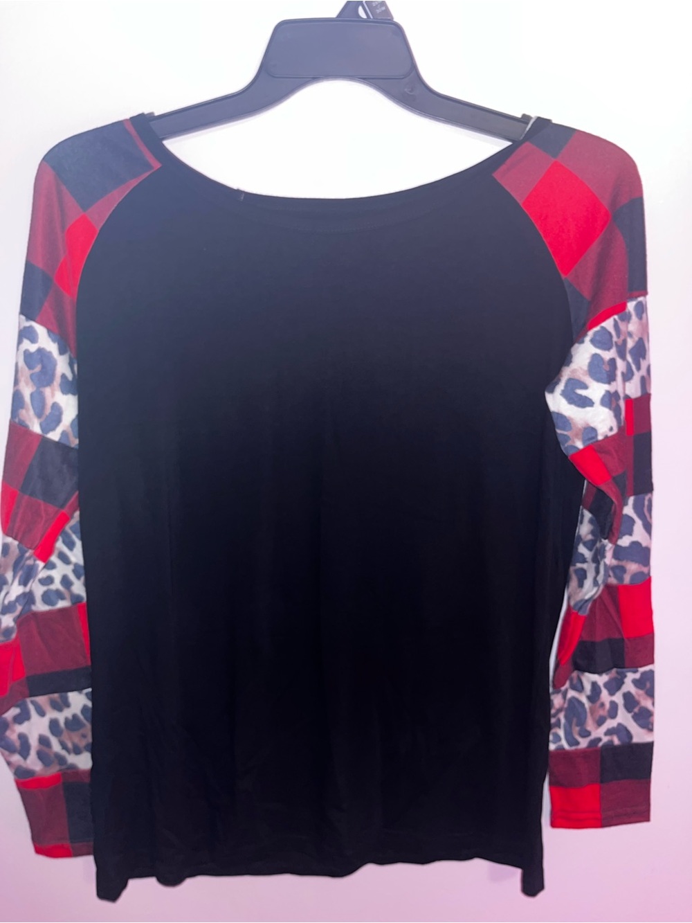 Black Raglan Top with Red Buffalo Plaid & Leopard Sleeves